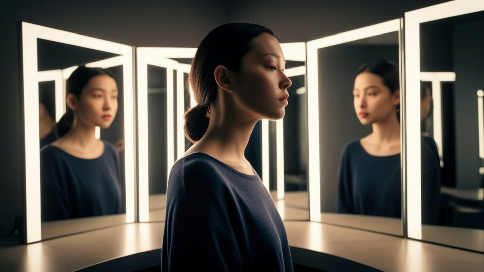 A figure standing between two facing mirrors that produce infinite reflections of itself — visualising an AI that just reflects what you told it back at you.